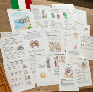 Digital Download | Italy Unit Study featuring detailed educational sheets on Italian culture, landmarks, language, and traditions displayed on a wood surface with a small Italian flag, handcrafted homeschool education resources.