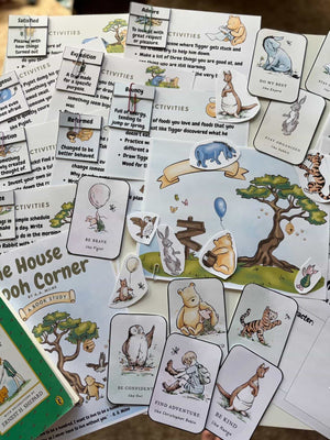 Layout of illustrated character cards, vocabulary flashcards, and activity sheets inspired by classic story scenes, presented with the Digital Download or Print & Bound - The House at Pooh Corner Book Study, handcrafted homeschool education resources.