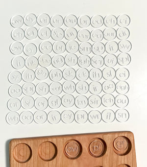 Mini Wood or Clear Acrylic Discs | Set of 75 Blends and Digraphs featuring clear acrylic discs with engraved blends and digraphs arranged above a handcrafted wood tray, unique homeschool education resources.