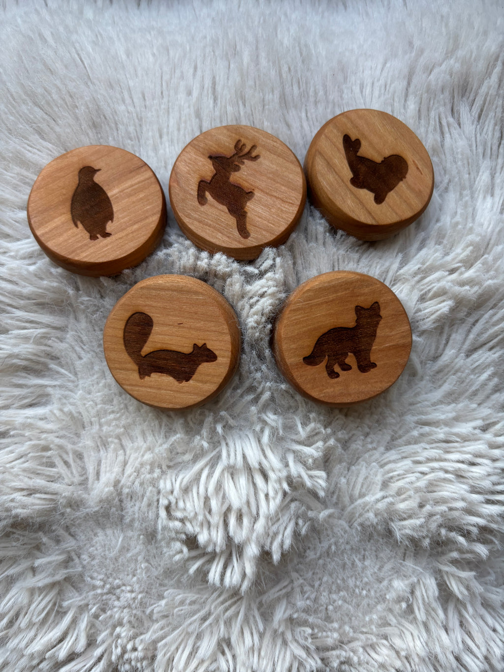 Ready to Ship, Playdough Stampers Winter Animals featuring handcrafted wooden stampers with winter animal silhouettes, designed as unique homeschool educational resources and wood toys.