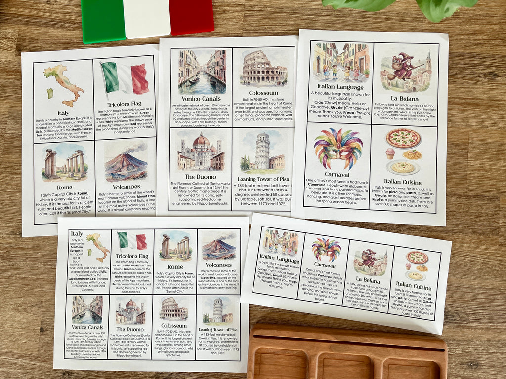 Digital Download | Italy Informational Flash Cards | Comes With 2 Sizes featuring detailed watercolor illustrations and informative text on Italy’s landmarks, culture, and language, displayed on a wooden surface with flag accents, handcrafted homeschool education resources.