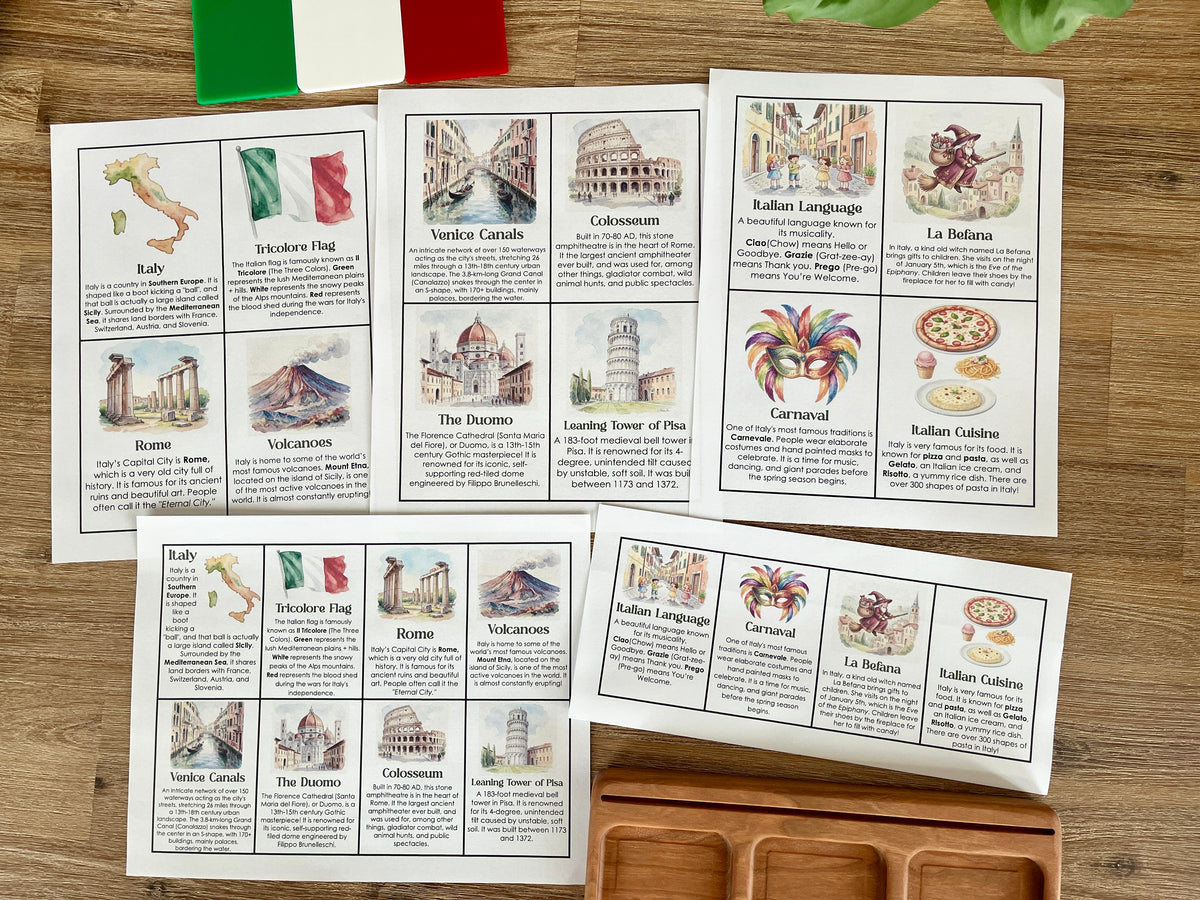 Digital Download | Italy Informational Flash Cards | Comes With 2 Sizes featuring detailed watercolor illustrations and informative text on Italy’s landmarks, culture, and language, displayed on a wooden surface with flag accents, handcrafted homeschool education resources.