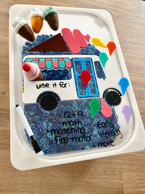 Dry Erasable Ice Cream Truck Flisat Table Bin Lid with colorful felt ice cream cones, blue sensory filler, and dry erase markers for writing and matching activities, handcrafted, homeschool, educational resources.