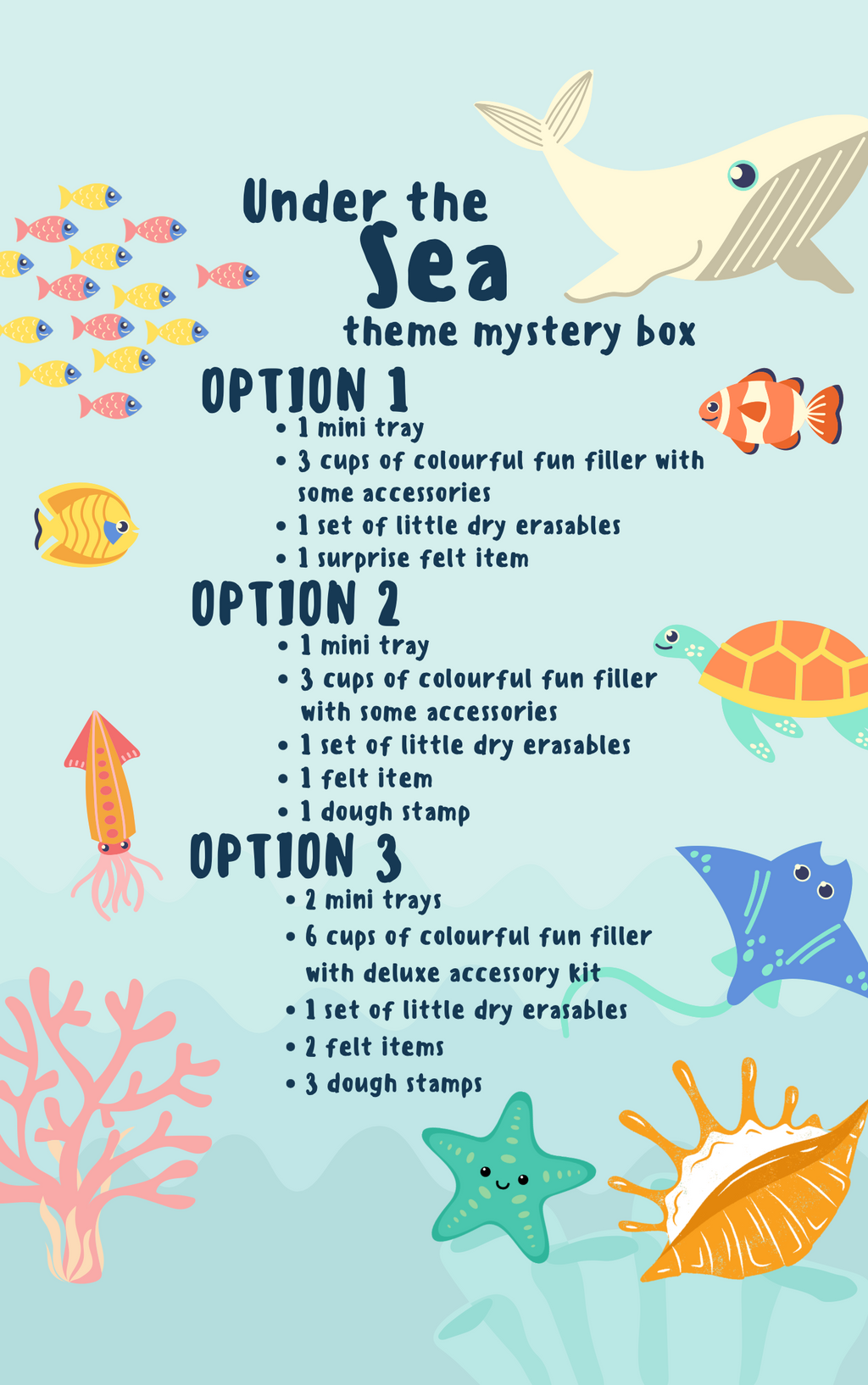 Illustrated sea animals surrounding text detailing three options for an under the sea themed mystery box product