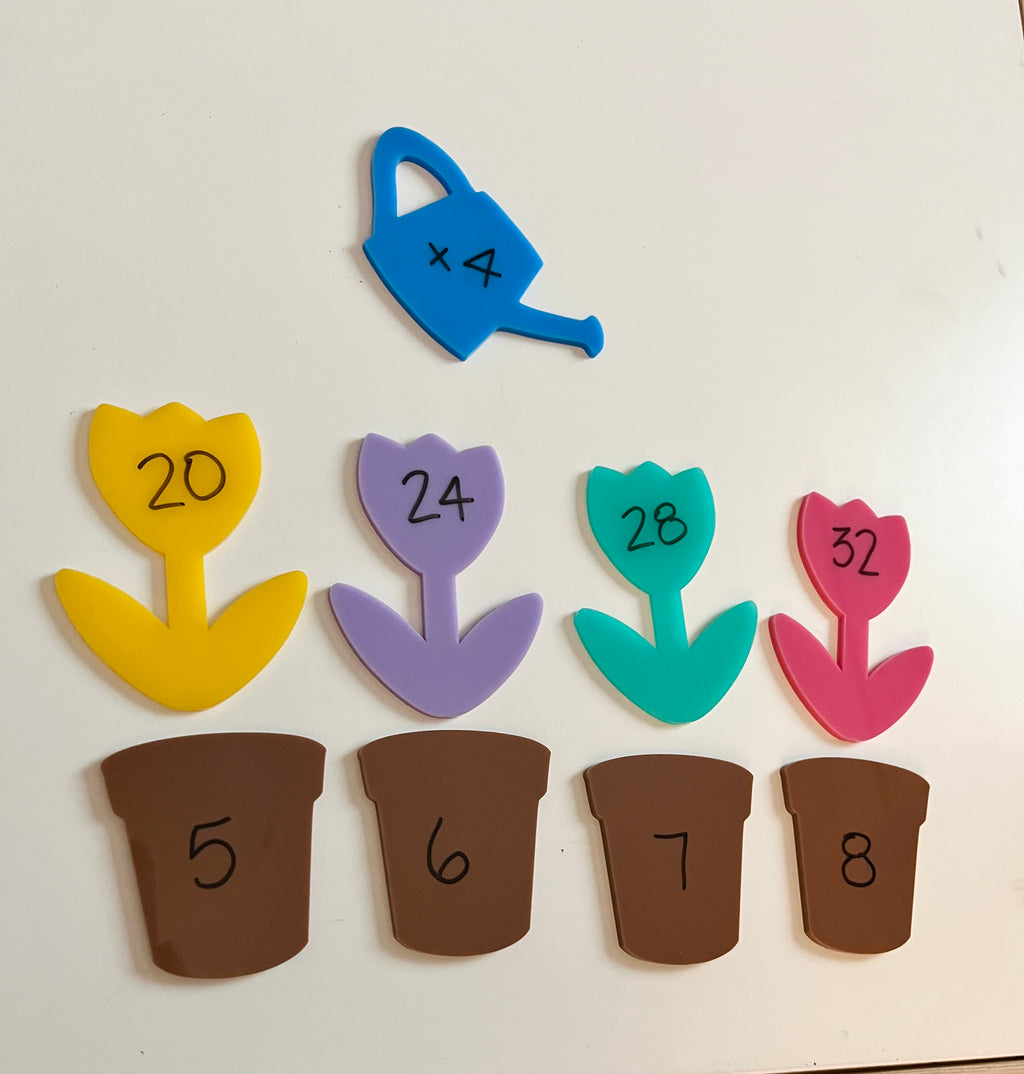 Little Dry Erasables - Pastel Flowers with Brown Pots and Watering Can showing colorful flower and pot cutouts with numbers, a blue watering can marked x4, handcrafted homeschool education resources.