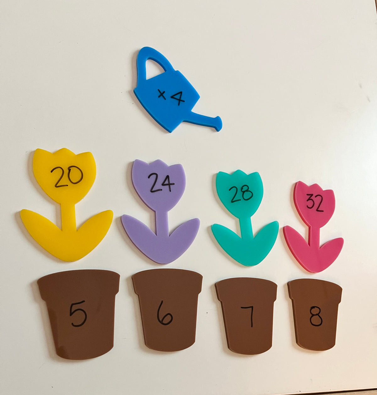Little Dry Erasables - Pastel Flowers with Brown Pots and Watering Can showing colorful flower and pot cutouts with numbers, a blue watering can marked x4, handcrafted homeschool education resources.