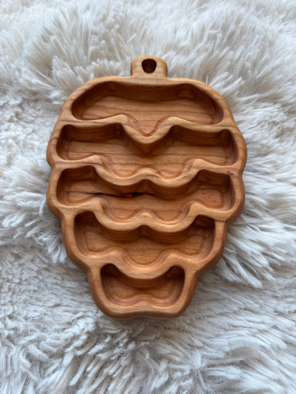 Ready to Ship, Pinecone Mini Tray carved from natural wood with segmented compartments, designed as a handcrafted homeschool educational resource and sensory filler wood tray.