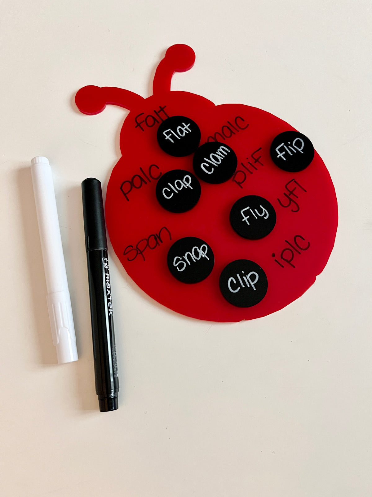 Little Dry Erasables - Ladybug with Dots featuring a red ladybug-shaped dry erase board with black circular word tokens and white and black dry erase markers, handcrafted homeschool education resources.