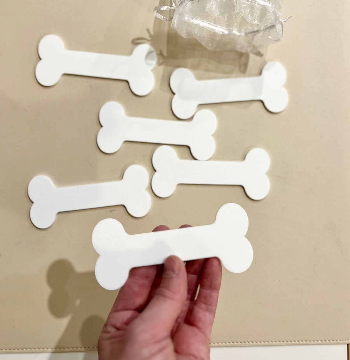 Six white bone-shaped tags laid out on a beige surface with one held between fingers and a sheer bag nearby