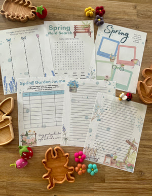 Printable spring-themed educational worksheets featuring garden journaling, word search, tracing, and drawing activities arranged with handcrafted wooden trays and felt sensory fillers as Digital Download | Spring Gardening Complete Unit Study with handcrafted homeschool education resources.