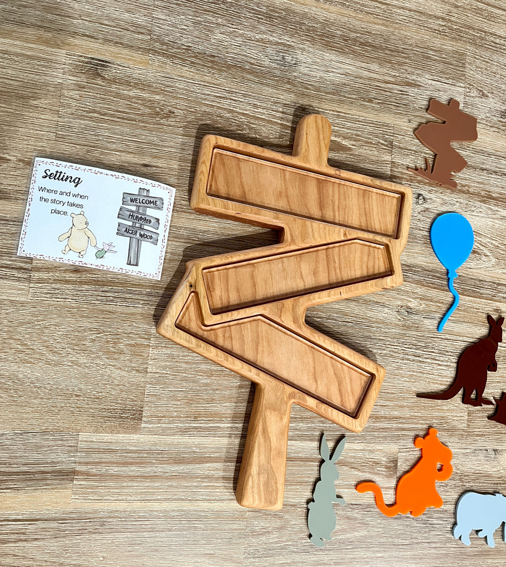 Large Woodland Forest Sign Plate / Sensory Tray made of handcrafted wood, surrounded by colorful wooden animal shapes and a small illustrated learning card, homeschool education resources.