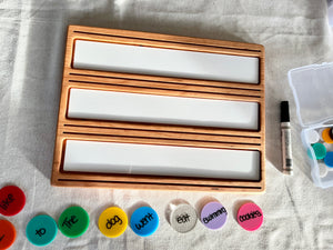 Wooden Sentence & Learning Tray | Open Ended Literacy Board | Math & Play featuring a handcrafted wood tray with three white insert panels, colorful word circles, dry-erase marker, and unique homeschool educational resources.