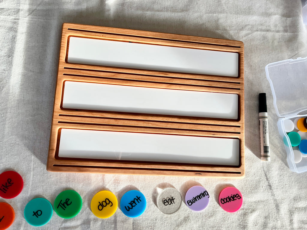 Wooden Sentence & Learning Tray | Open Ended Literacy Board | Math & Play featuring a handcrafted wood tray with three white insert panels, colorful word circles, dry-erase marker, and unique homeschool educational resources.