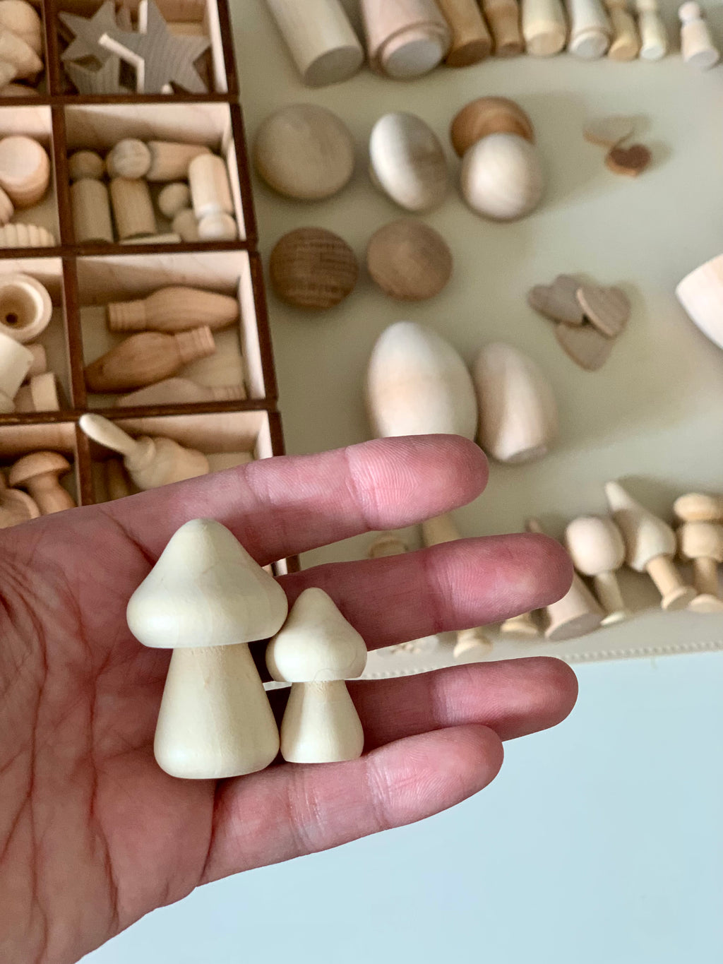 Hand holding two smooth unfinished wooden mushroom shapes with assorted wooden pieces and tray in the background