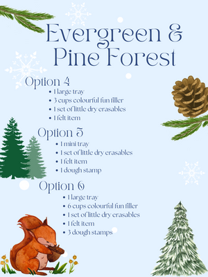 Text overlay listing Evergreen and Pine Forest bundle options with illustrations of pine branches, cone, trees, snowflakes, and a squirrel on light blue background