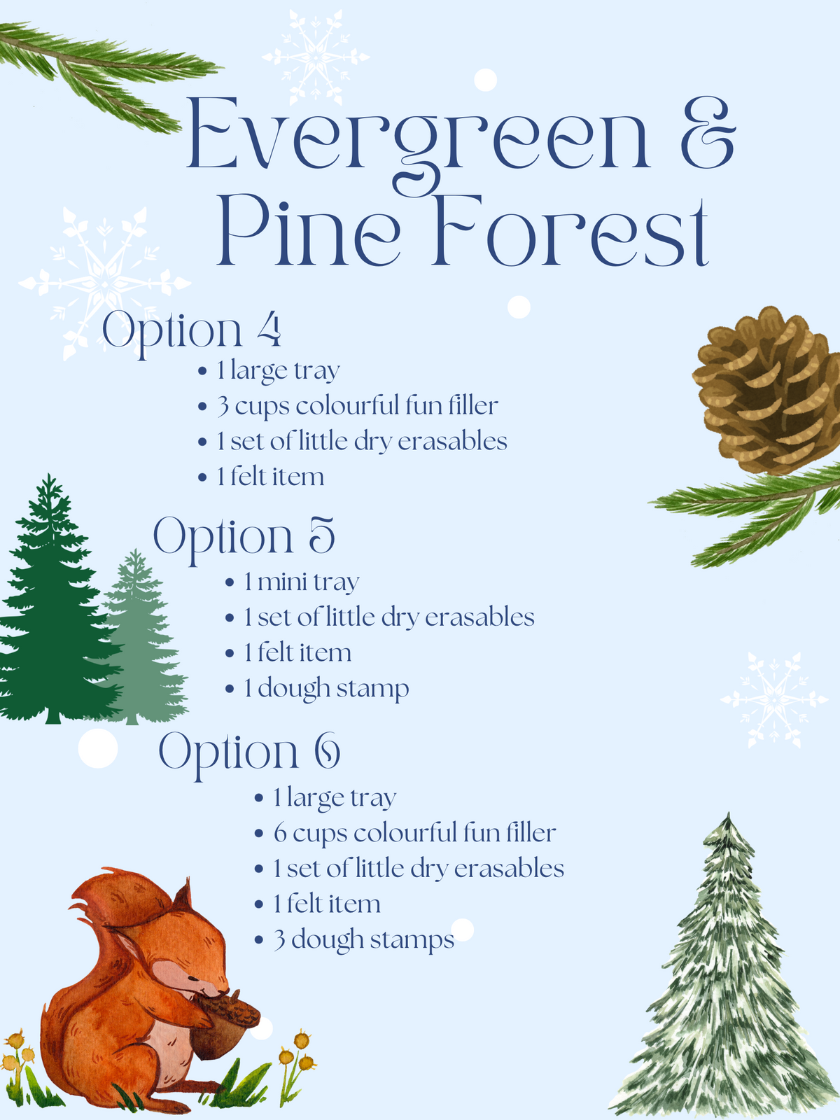 Text overlay listing Evergreen and Pine Forest bundle options with illustrations of pine branches, cone, trees, snowflakes, and a squirrel on light blue background