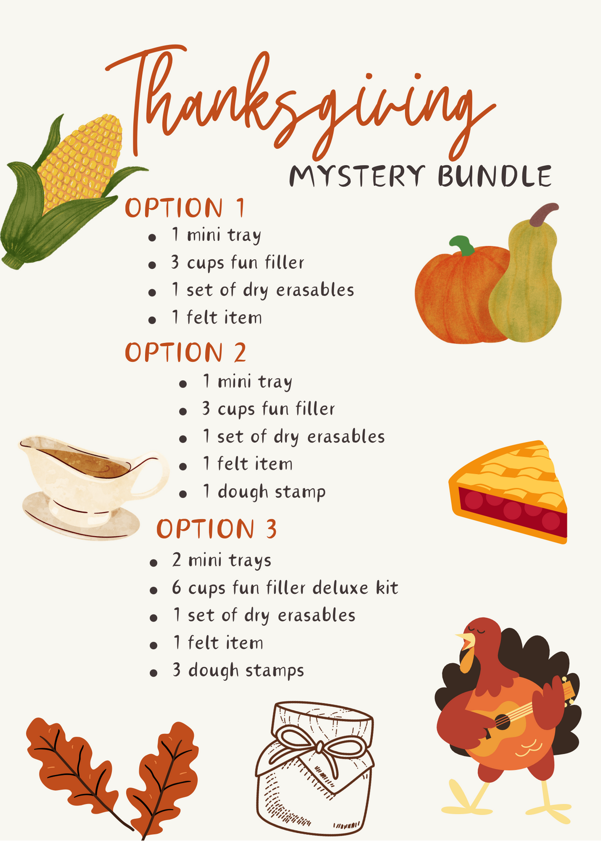 Illustrated Thanksgiving mystery bundle options with autumn-themed items like pumpkin, pie, turkey, and corn decorations on beige background