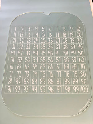 Transparent acrylic board with numbers 1 to 100 arranged in a 10 by 10 grid on a gray surface