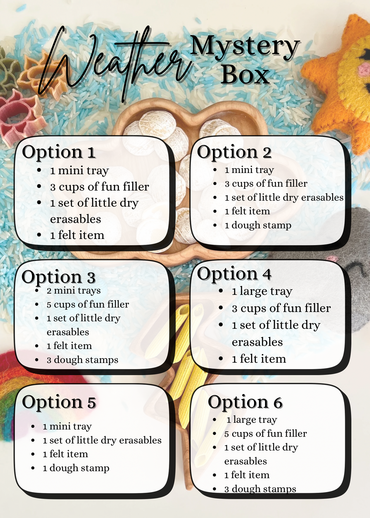Text overlay showing six Weather Mystery Box options with wooden trays, felt sun, and colorful rice filler background