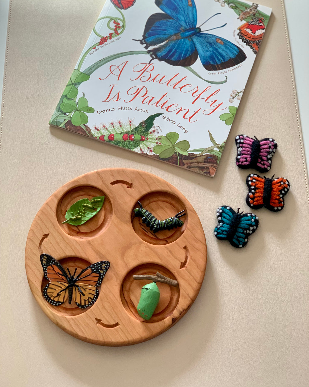 Round wooden board with four compartments holding butterfly life cycle models next to a butterfly-themed book and felt butterflies