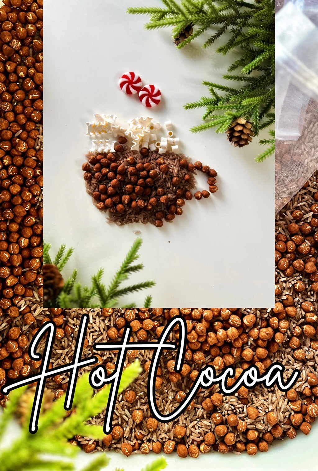 Hazelnuts and rice grains arranged in a cup shape with peppermint candies and greenery on white backdrop