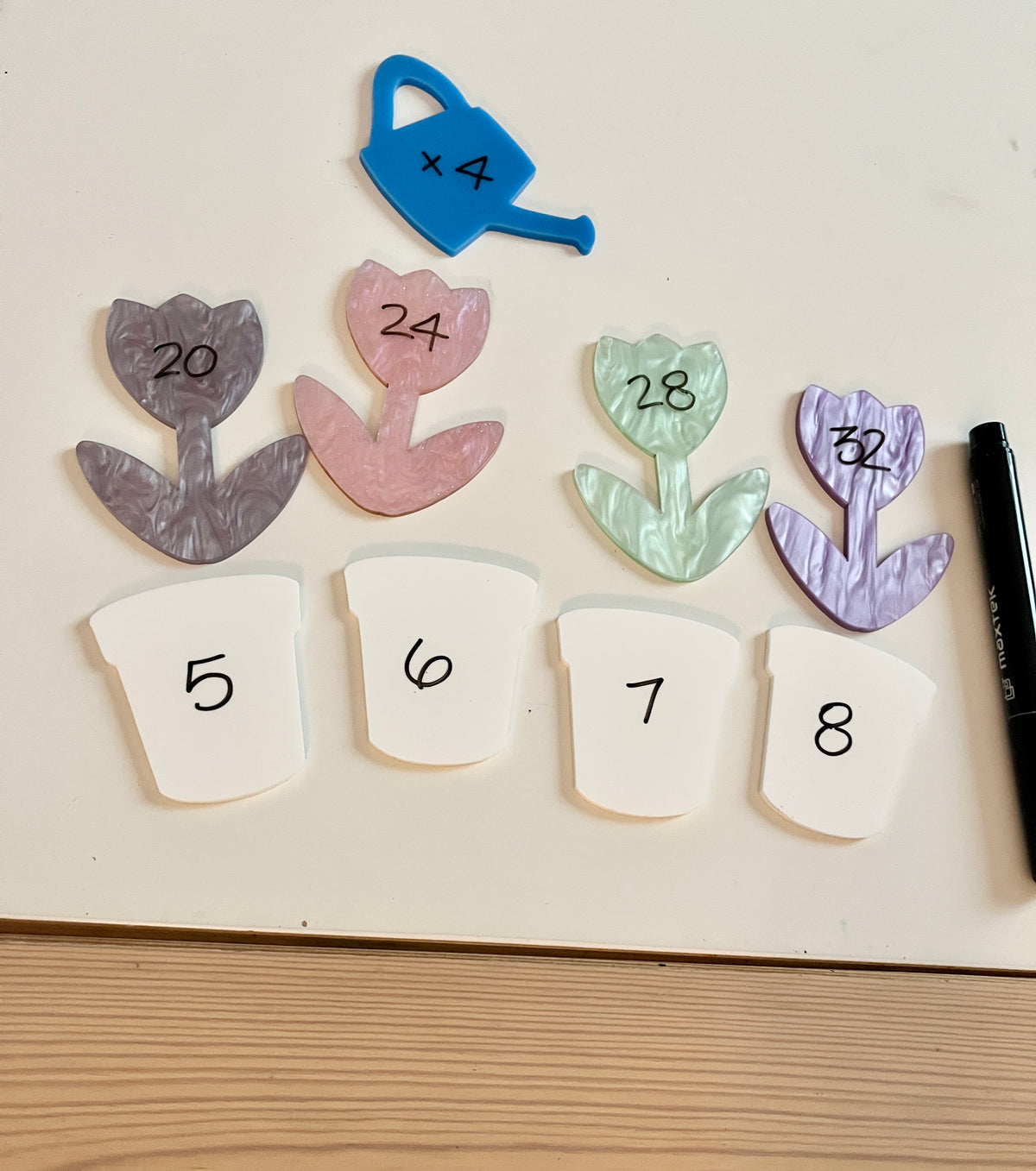 Little Dry Erasables - Marble Flowers with White Pots and Watering Can featuring pastel flower shapes with multiplication facts, white pots labeled with numbers, and a blue watering can, handcrafted homeschool education resources.