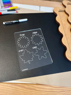 Clear plastic board with sequence words first, next, then, last paired with flower and leaf outlines on black surface