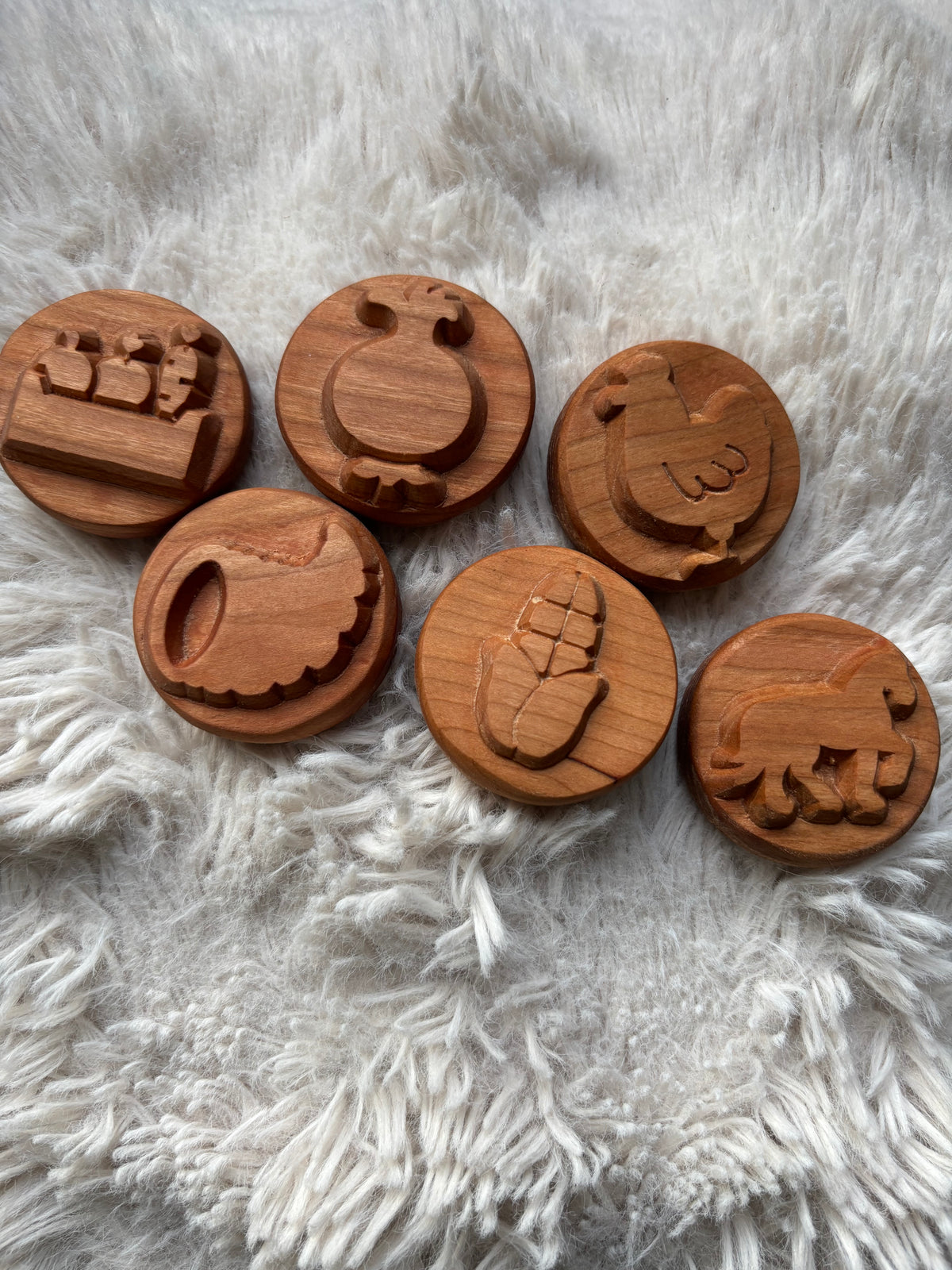 Ready to Ship, Playdough Stampers Farm featuring handcrafted wooden stampers carved with farm-themed designs including a tractor, cow, chicken, hay bale, corn, and horse, unique homeschool education resources and wood toys.