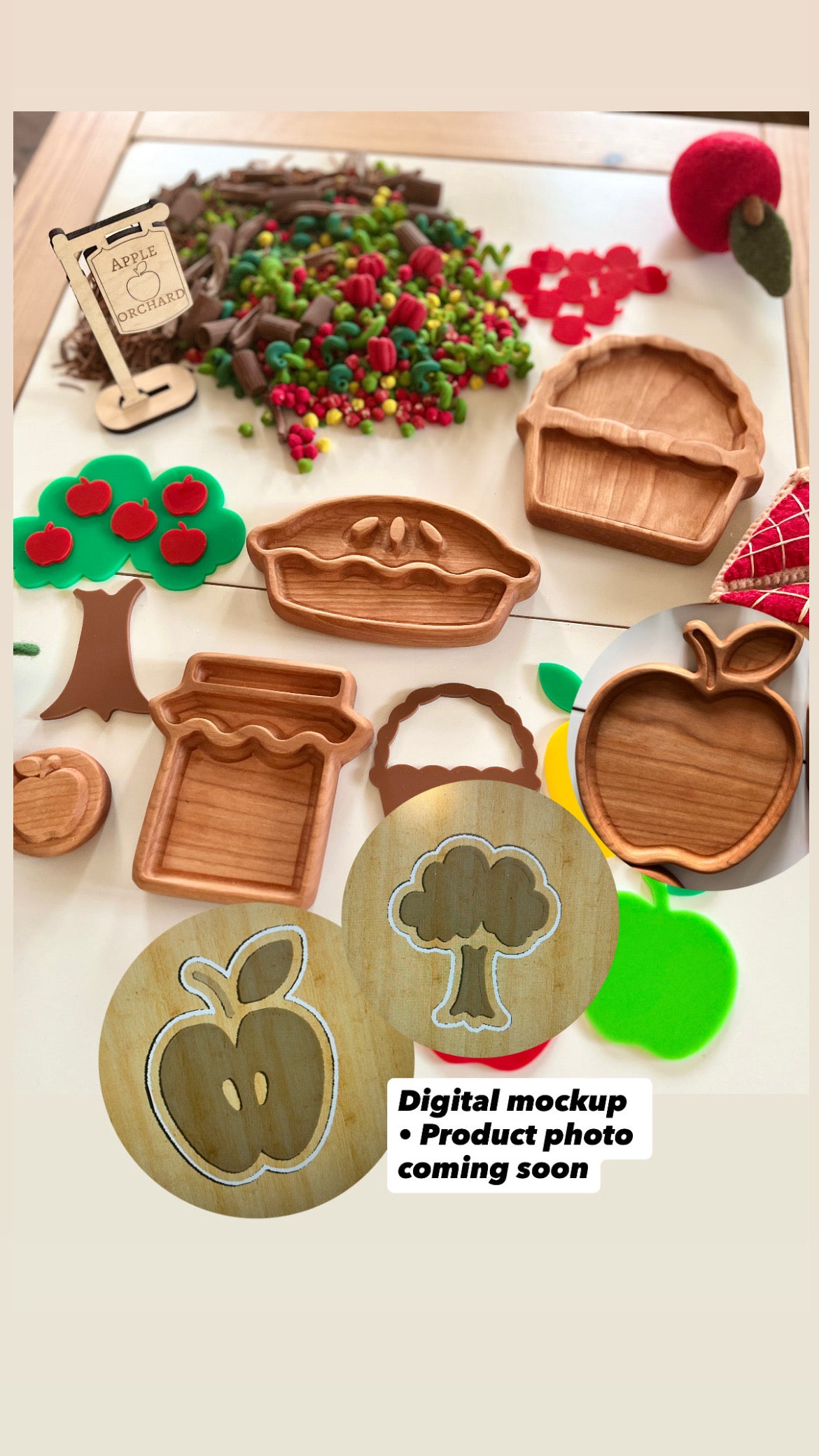 Wooden trays shaped like apple, pie, basket, jar, and tree with felt apples and colorful play food pieces on table