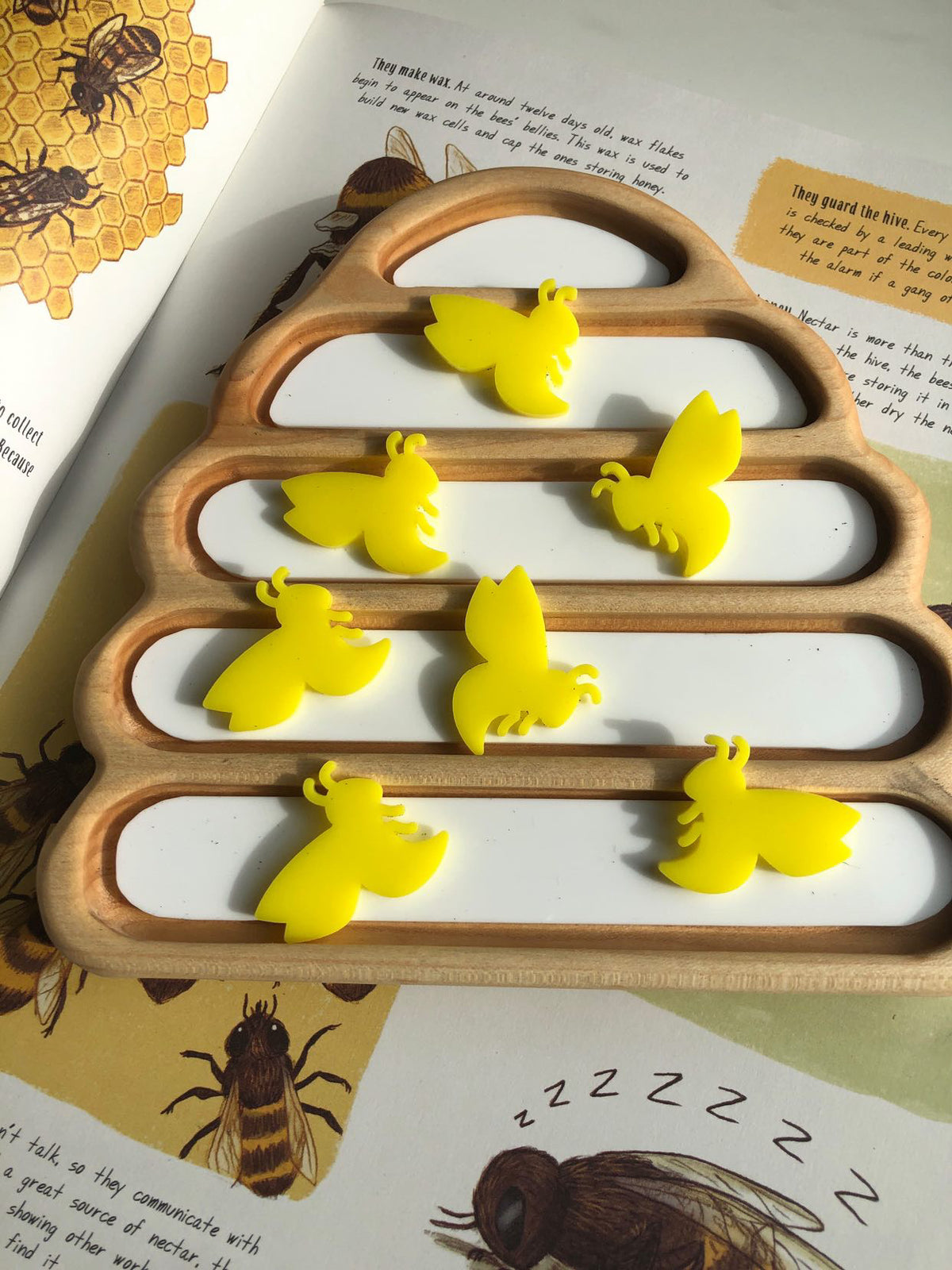 Wooden hive-shaped frame holding six yellow bee-shaped tokens on top of open illustrated book pages about bees