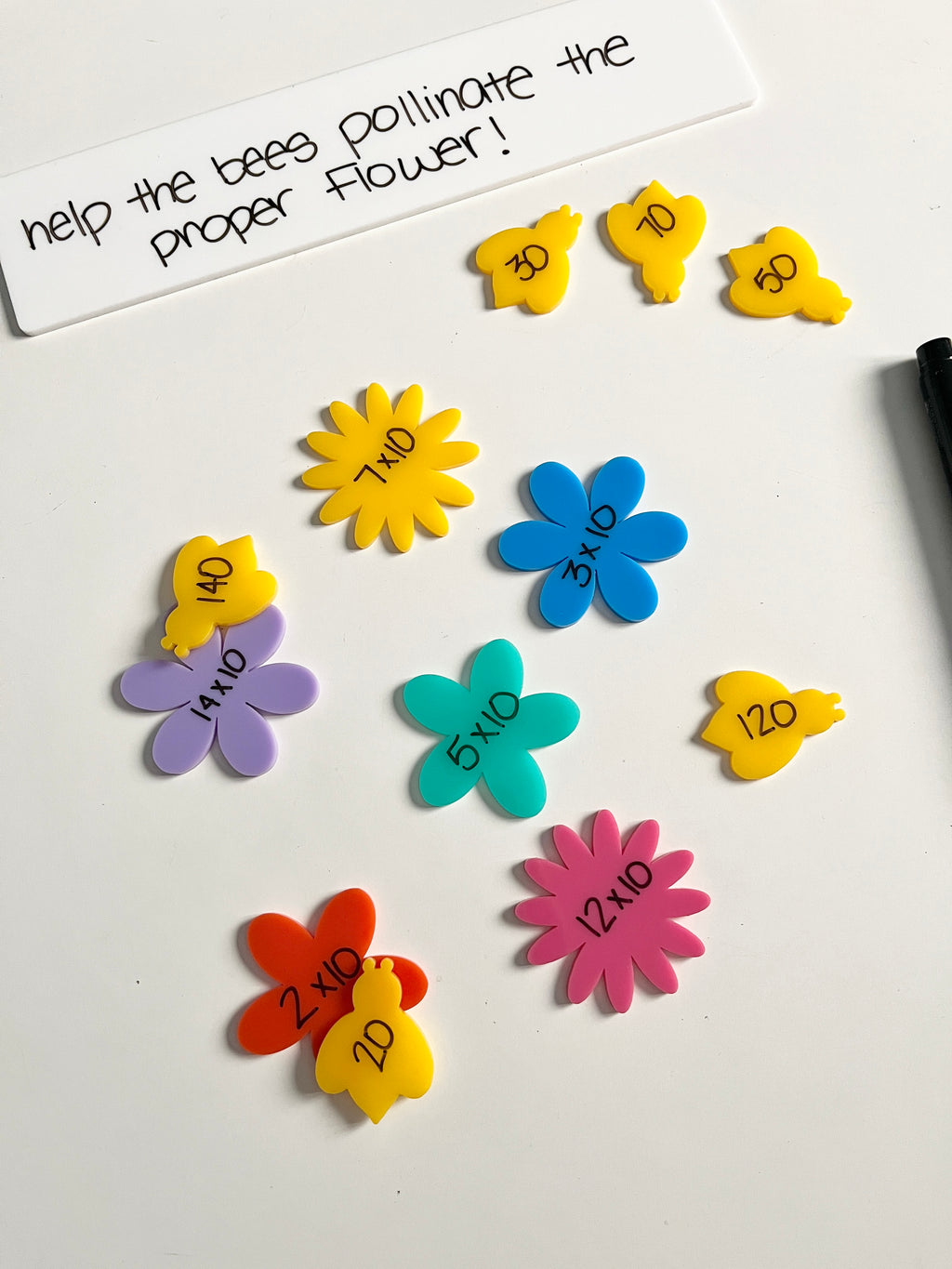 Little Dry Erasables - Pollinators - Bees & Flowers featuring colorful flower shapes and bee cutouts with multiplication facts written on them alongside a dry erase marker, handcrafted homeschool education resources.