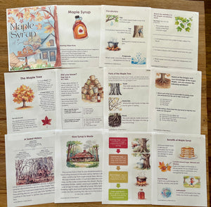 Digital Download | Maple Syrup Unit Study showing printable educational pages including maple tree facts, syrup production process, vocabulary, and history, arranged on a wooden surface, handcrafted homeschool education resources.