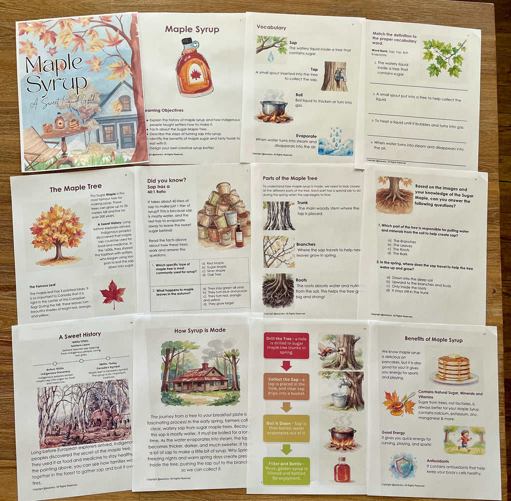 Digital Download | Maple Syrup Unit Study showing printable educational pages including maple tree facts, syrup production process, vocabulary, and history, arranged on a wooden surface, handcrafted homeschool education resources.