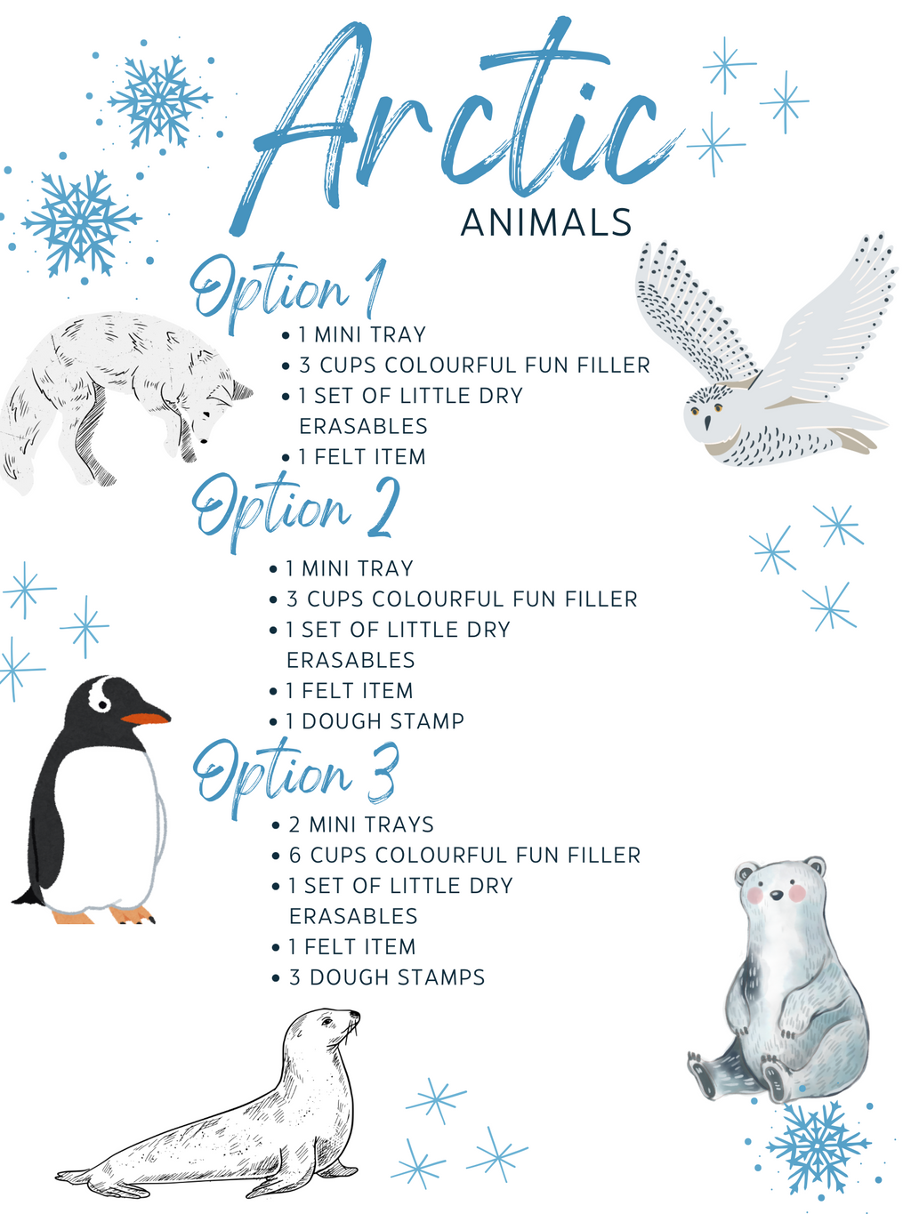 Text overlay listing three Arctic animal bundle options with illustrations of a fox, snowy owl, penguin, seal, and polar bear on white background