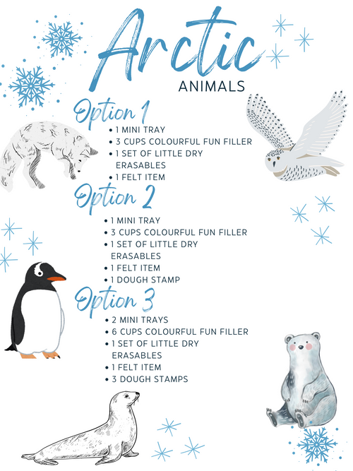 Text overlay listing three Arctic animal bundle options with illustrations of a fox, snowy owl, penguin, seal, and polar bear on white background