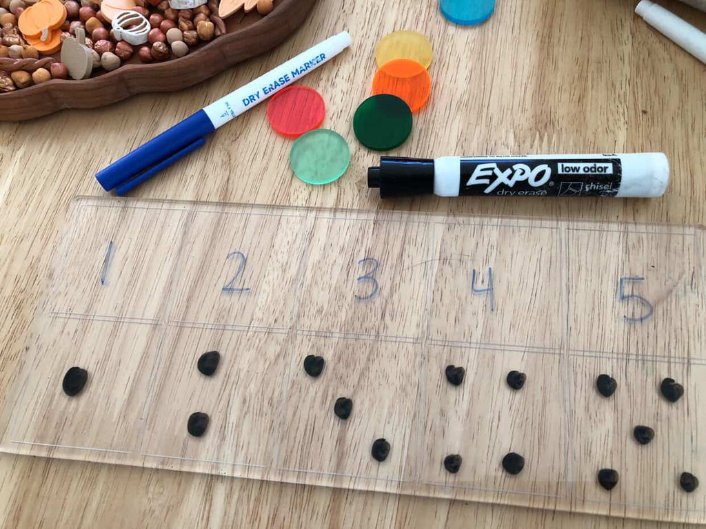 Clear plastic board with numbers one to five, black counters below each number, dry erase markers, and colorful discs on wood surface