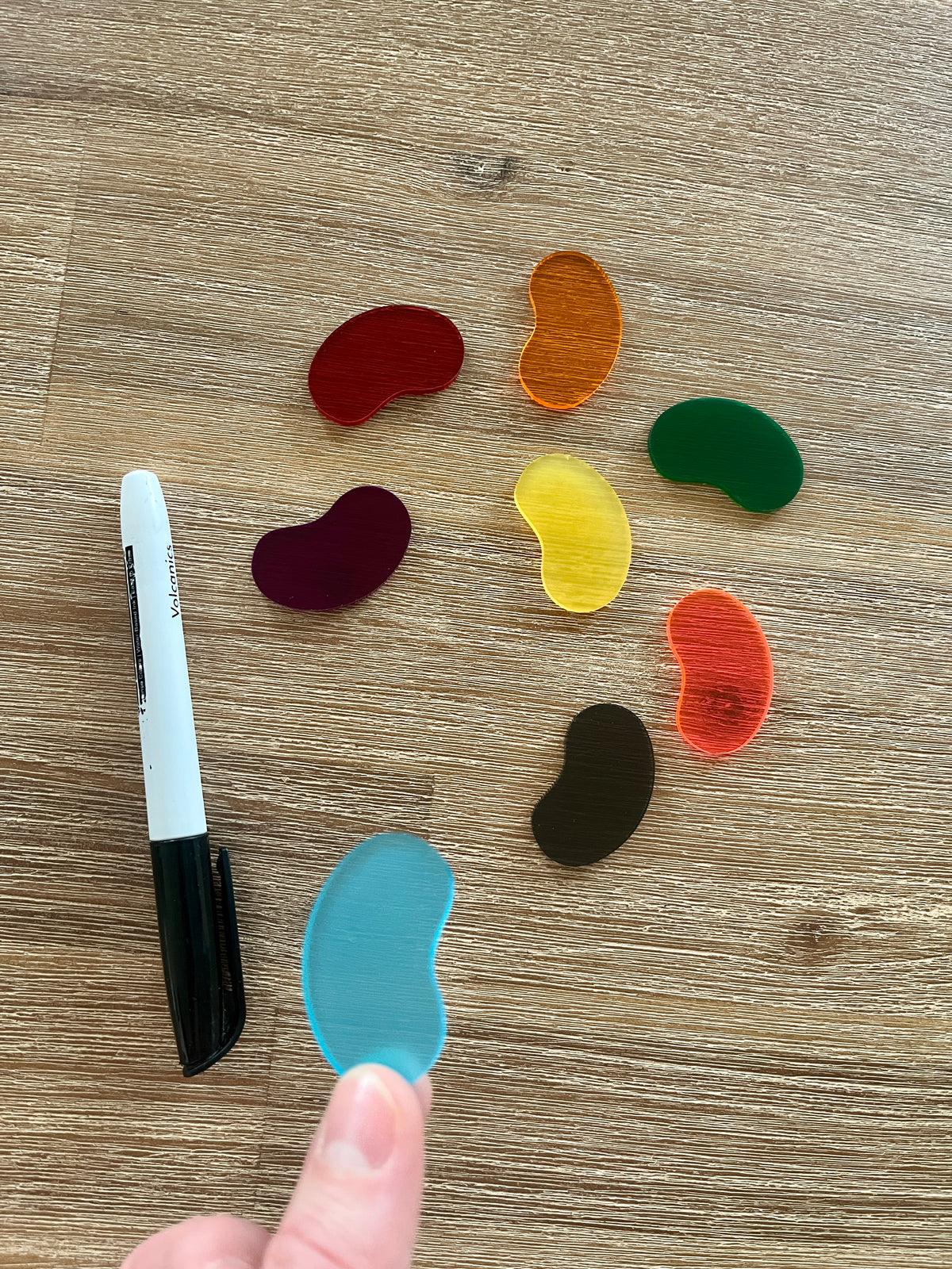 Little Dry Erasables — Jellybeans with Jar showing translucent colorful bean-shaped pieces in various hues next to a black marker, handcrafted homeschool education resources.