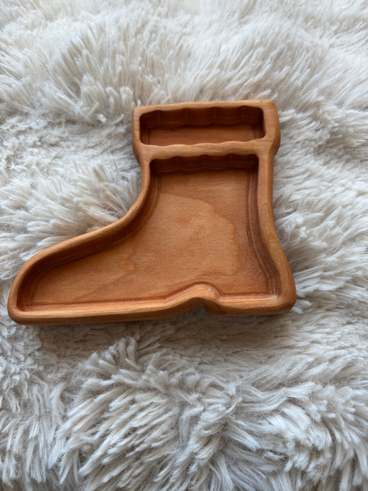 Ready to Ship, Boot Tray Mini handcrafted from smooth natural wood in the shape of a boot with defined compartments, designed as unique homeschool educational resources and sensory filler wood trays.