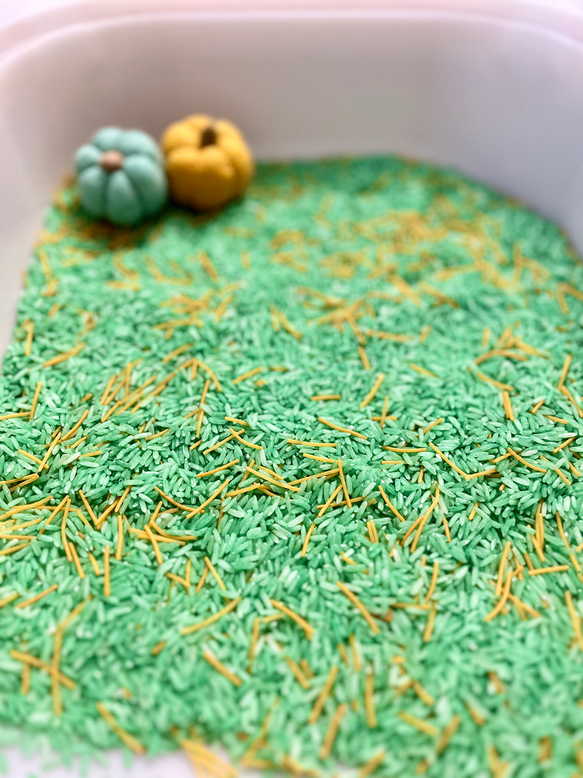 White container filled with green rice and orange pasta pieces with two small decorative pumpkins on top