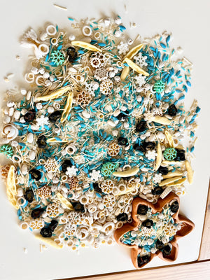 Assorted small sensory materials including colorful beads, dried botanicals, and seed pods on white surface with clay star shape