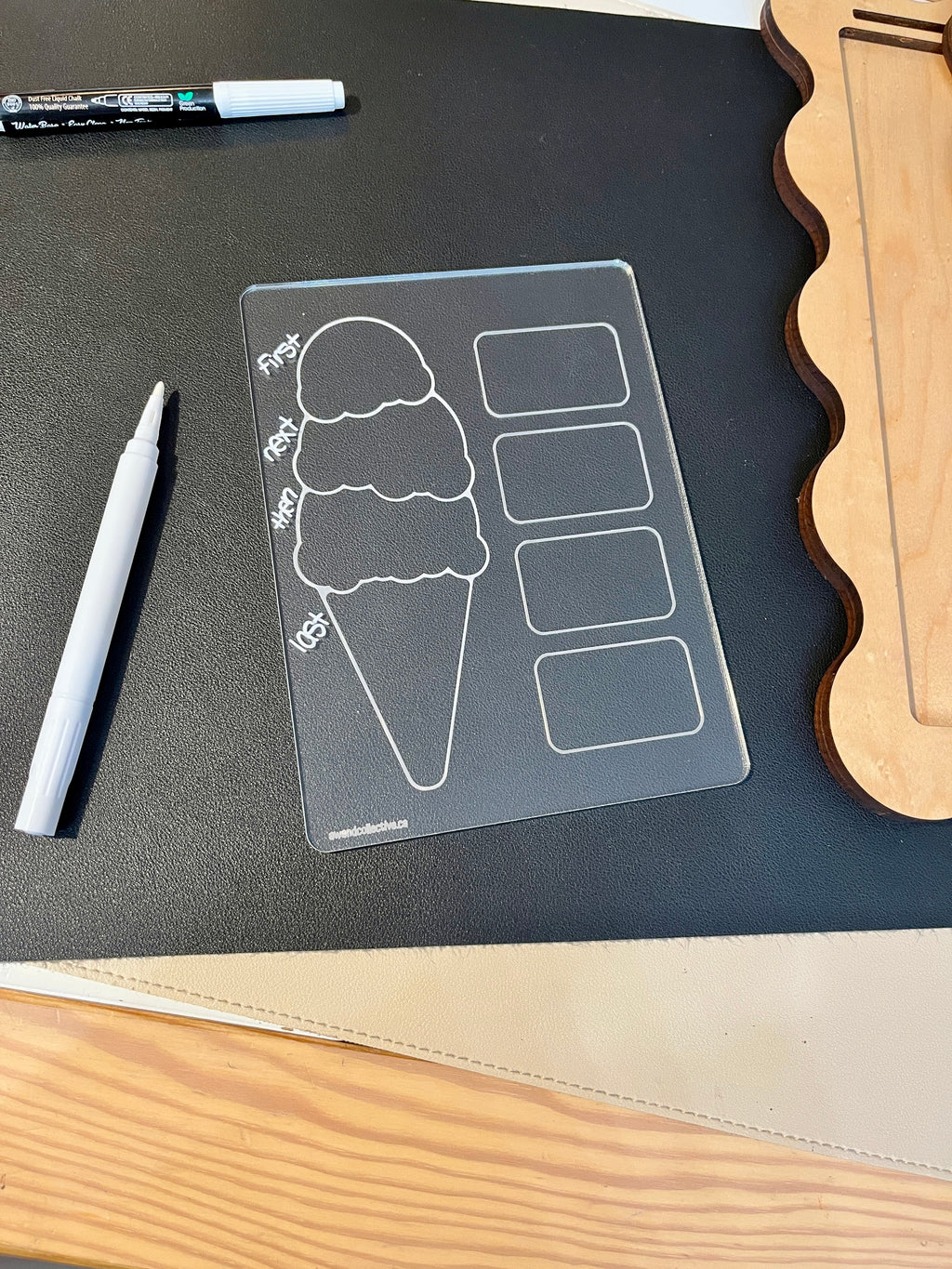 Transparent acrylic board with ice cream cone layers labeled first, next, when, last, and four rectangular boxes on black surface