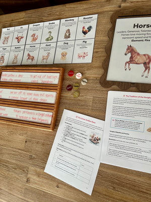 Digital Download | Lunar New Year Unit Study featuring printed learning sheets with zodiac animal illustrations, wooden trays holding dry erase marker practice, and small round sensory fillers, handcrafted homeschool education resources.