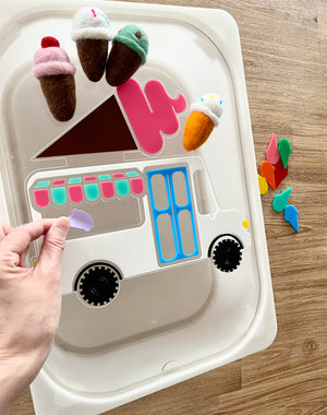 Dry Erasable Ice Cream Truck Flisat Table Bin Lid with removable colorful felt ice cream cones and matching cones for interactive play, handcrafted, homeschool, education resources.
