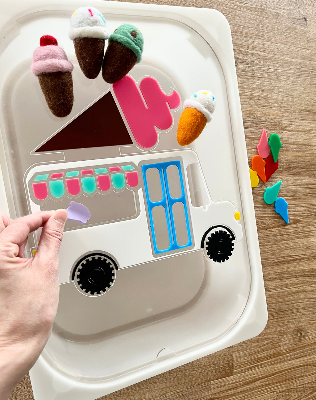 Dry Erasable Ice Cream Truck Flisat Table Bin Lid with removable colorful felt ice cream cones and matching cones for interactive play, handcrafted, homeschool, education resources.