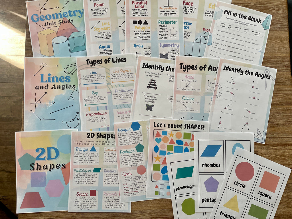 Collection of colorful printable geometry worksheets and flashcards focused on lines, angles, and 2D shapes, designed as Digital Download | Math Geometry Unit Study with handcrafted homeschool education resources.