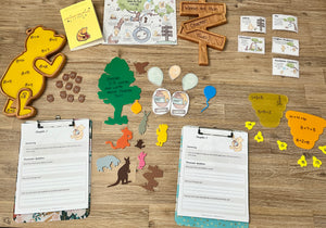 Winnie the Pooh Plate / Sensory Tray - Two sizes available featuring handcrafted wooden characters, colorful learning pieces, multiplication acorn counters, and printed activity sheets for homeschool education resources.
