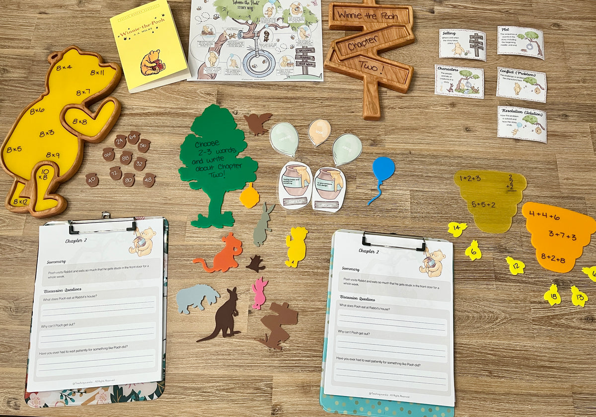 Winnie the Pooh Plate / Sensory Tray - Two sizes available featuring handcrafted wooden characters, colorful learning pieces, multiplication acorn counters, and printed activity sheets for homeschool education resources.