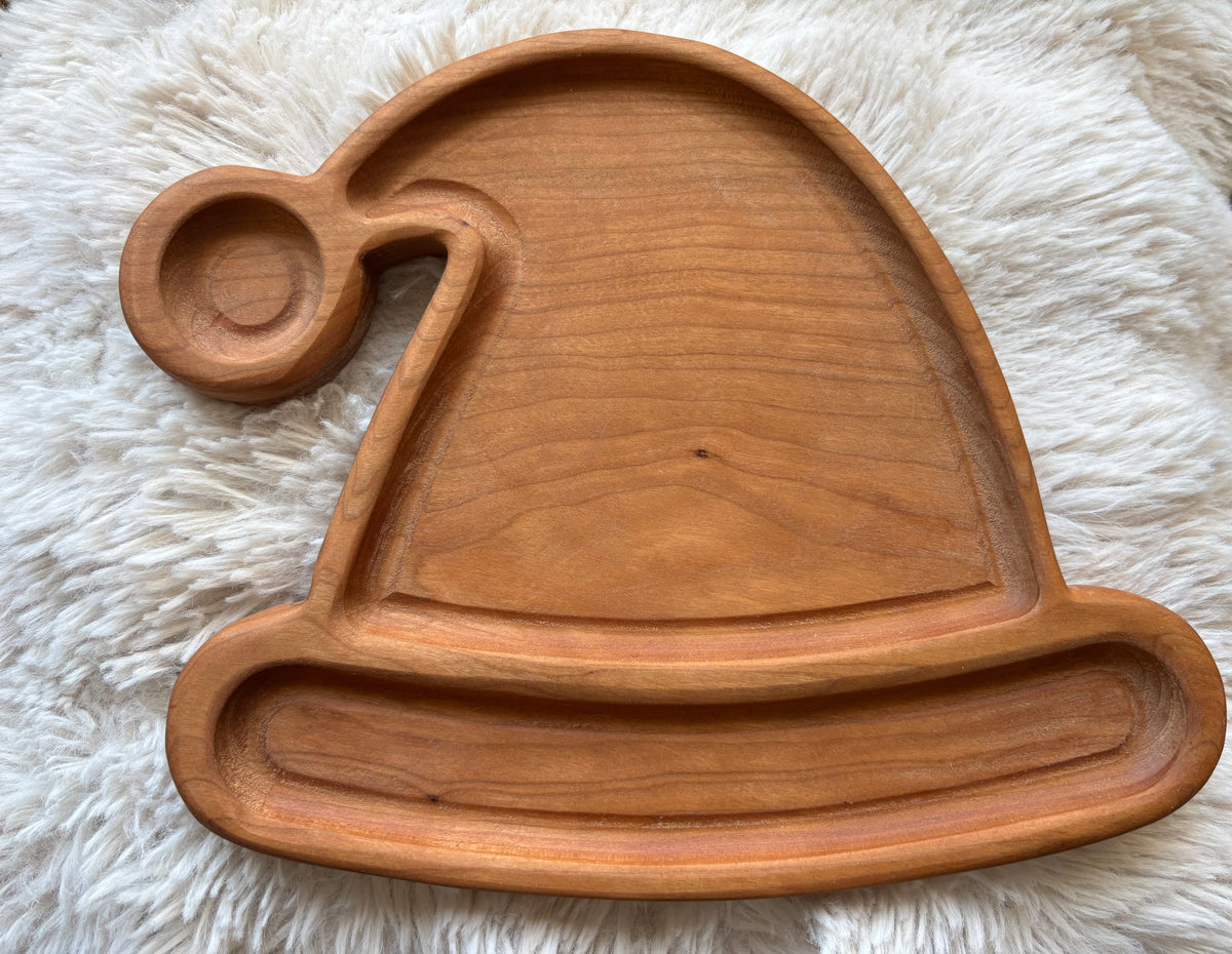 Ready to Ship, Elf Hat Tray carved from smooth natural wood with multiple compartments, handcrafted homeschool educational resources and sensory filler wood tray.