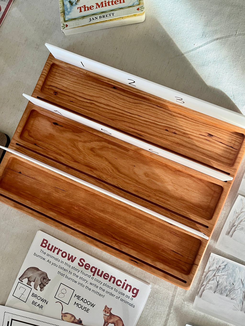 Wooden Sentence & Learning Tray | Open Ended Literacy Board | Math & Play featuring a handcrafted wood tray with numbered removable panels and open compartments for hands-on homeschool education resources.