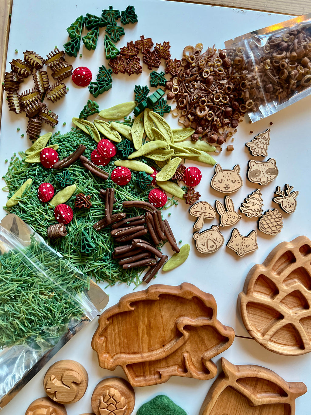 Natural sensory play set with wooden animal tokens, pine cone shapes, green dried botanicals, and carved wooden trays